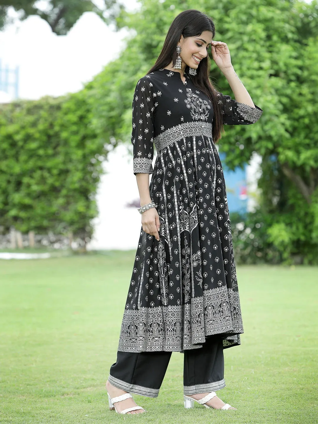 Juniper Black Ethnic Motif Printed Georgette Anarkali Kurta & Palazzo Set With Buttons