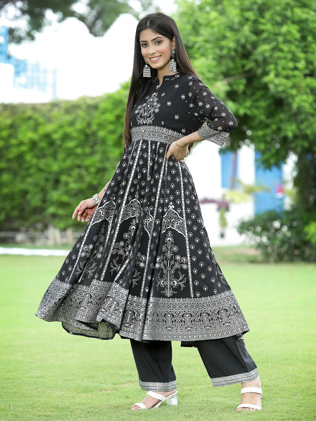 Juniper Black Ethnic Motif Printed Georgette Anarkali Kurta & Palazzo Set With Buttons