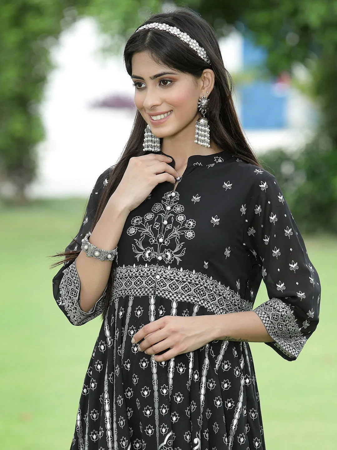 Juniper Black Ethnic Motif Printed Georgette Anarkali Kurta & Palazzo Set With Buttons
