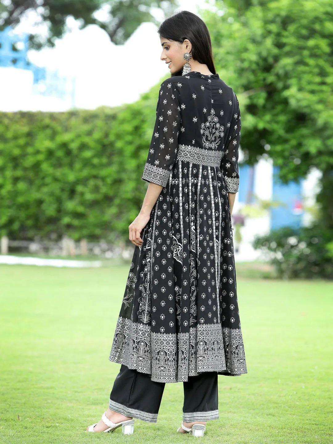 Juniper Black Ethnic Motif Printed Georgette Anarkali Kurta & Palazzo Set With Buttons