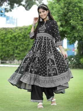 Juniper Black Ethnic Motif Printed Georgette Anarkali Kurta & Palazzo Set With Buttons