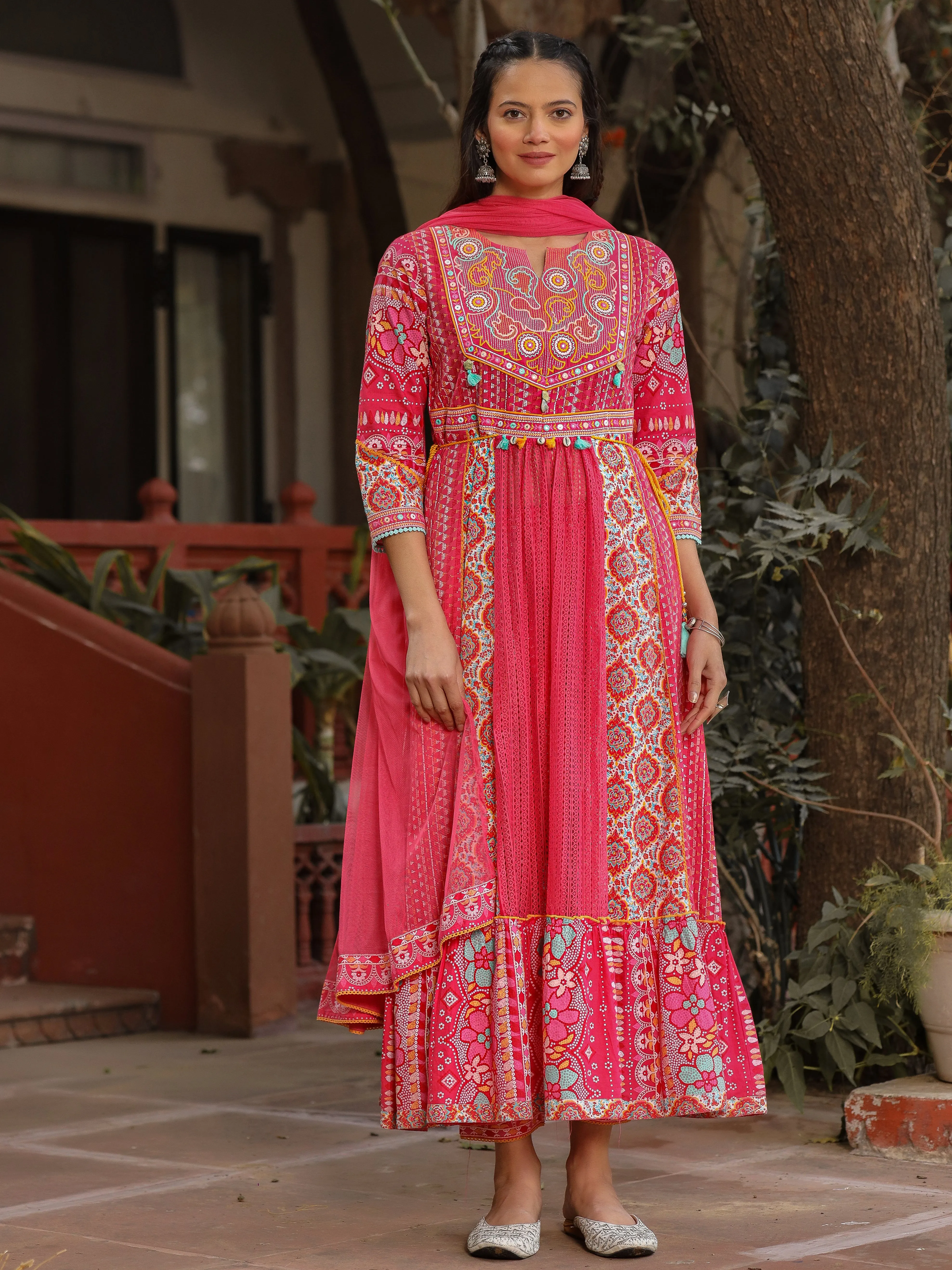 Juniper Pink Floral Printed Pure Cotton Anarkali Kurta Pants & Dupatta Set With Thread Work