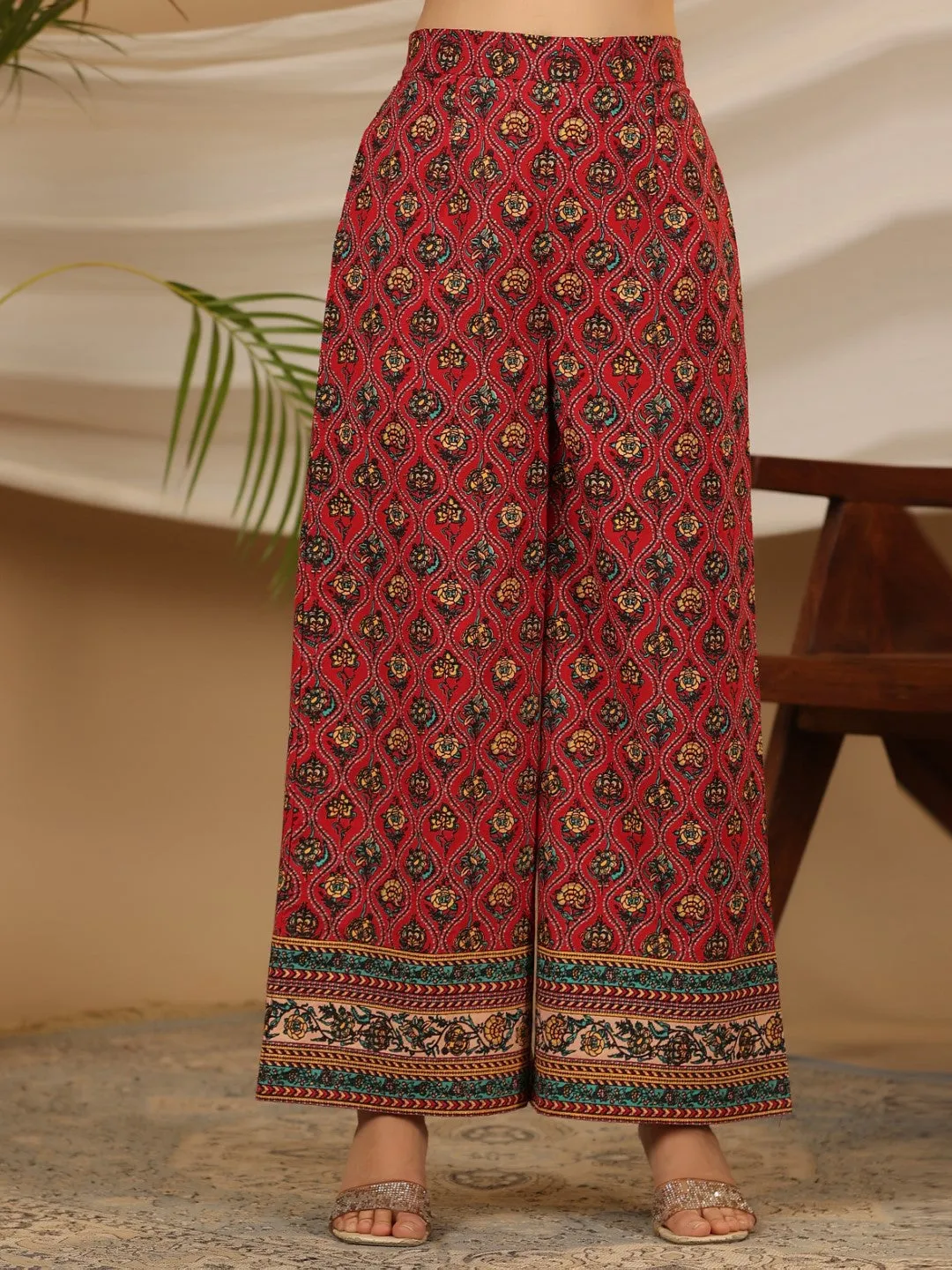 Juniper Red Madhubala Pure Cotton Ethnic Motif Printed Laced Kurta With Palazzo & Dupatta (3-Pcs)