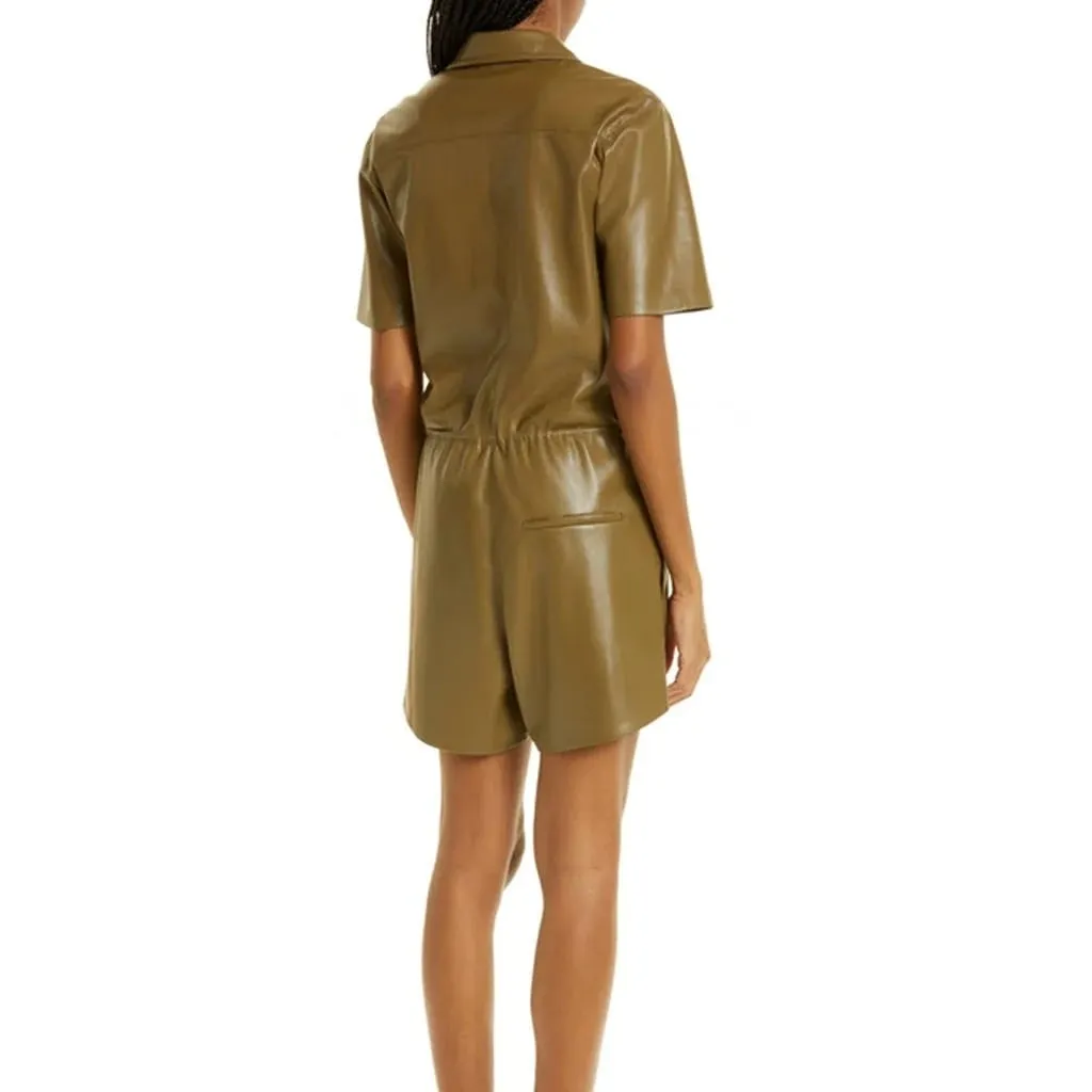 Khaki Brown Drawstring Waist Leather Playsuit for Women
