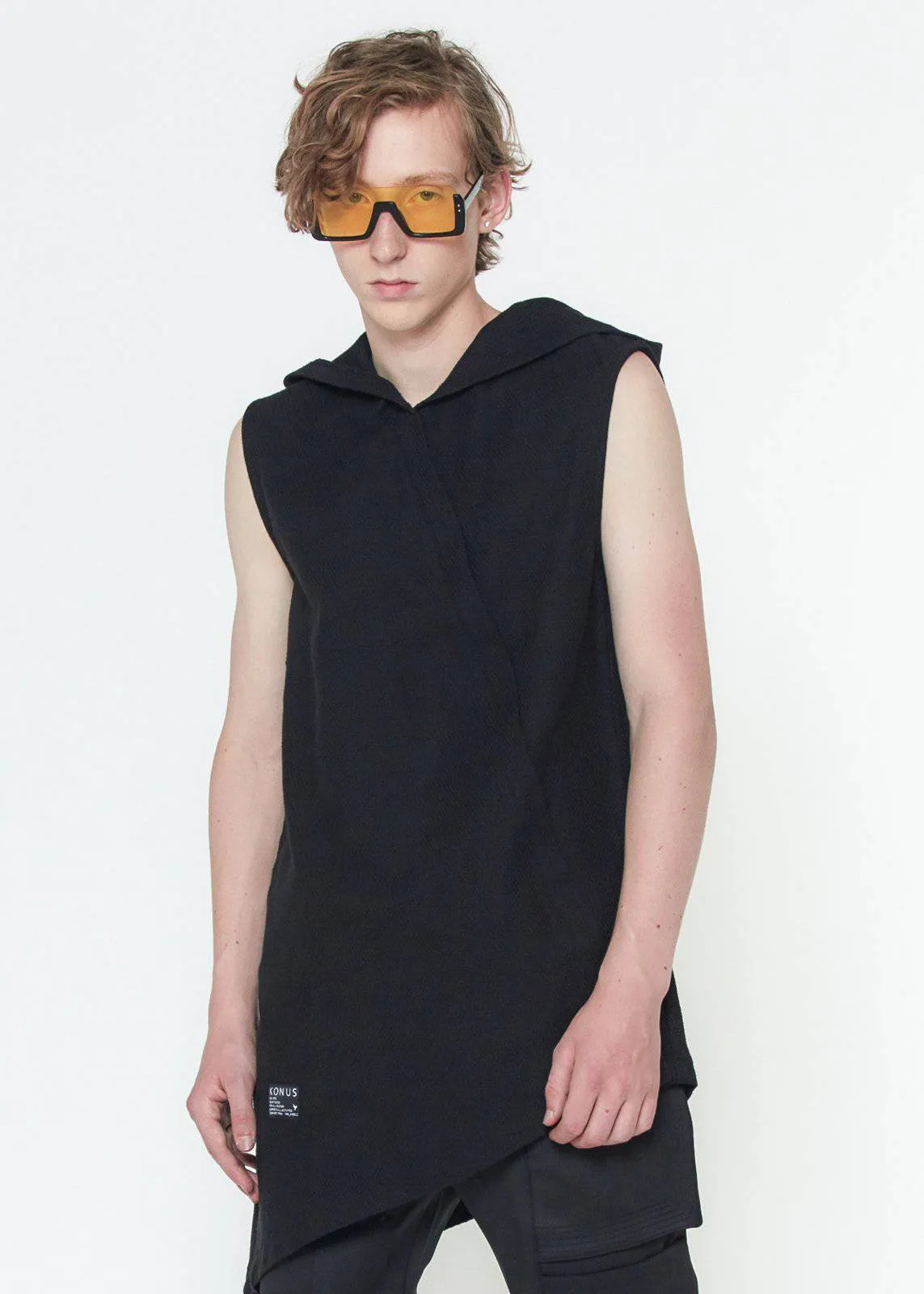 Konus Men's Asymmetrical Zip Up Sleeveless Hoodie In Black