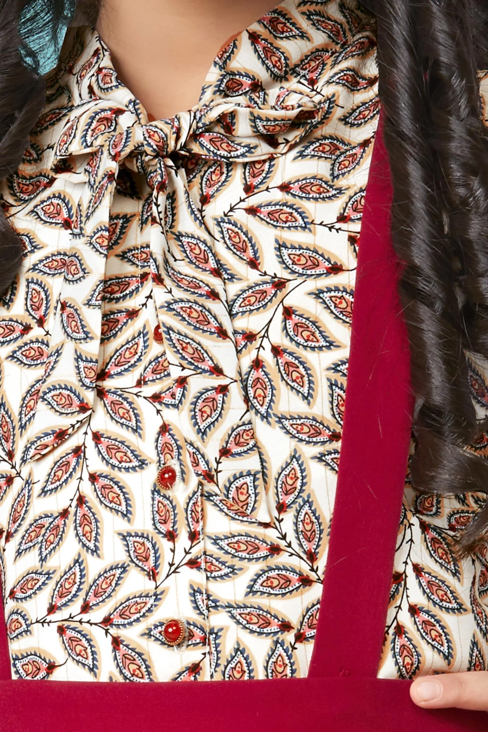 Maroon and Cream Multicolor Print Top with Suspenders Skirt for Girls