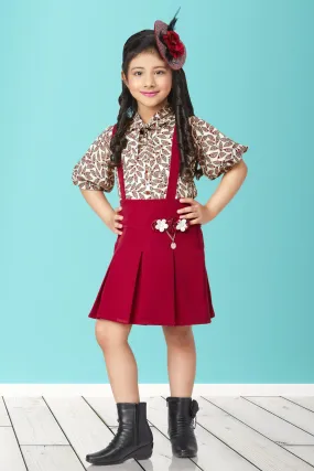 Maroon and Cream Multicolor Print Top with Suspenders Skirt for Girls