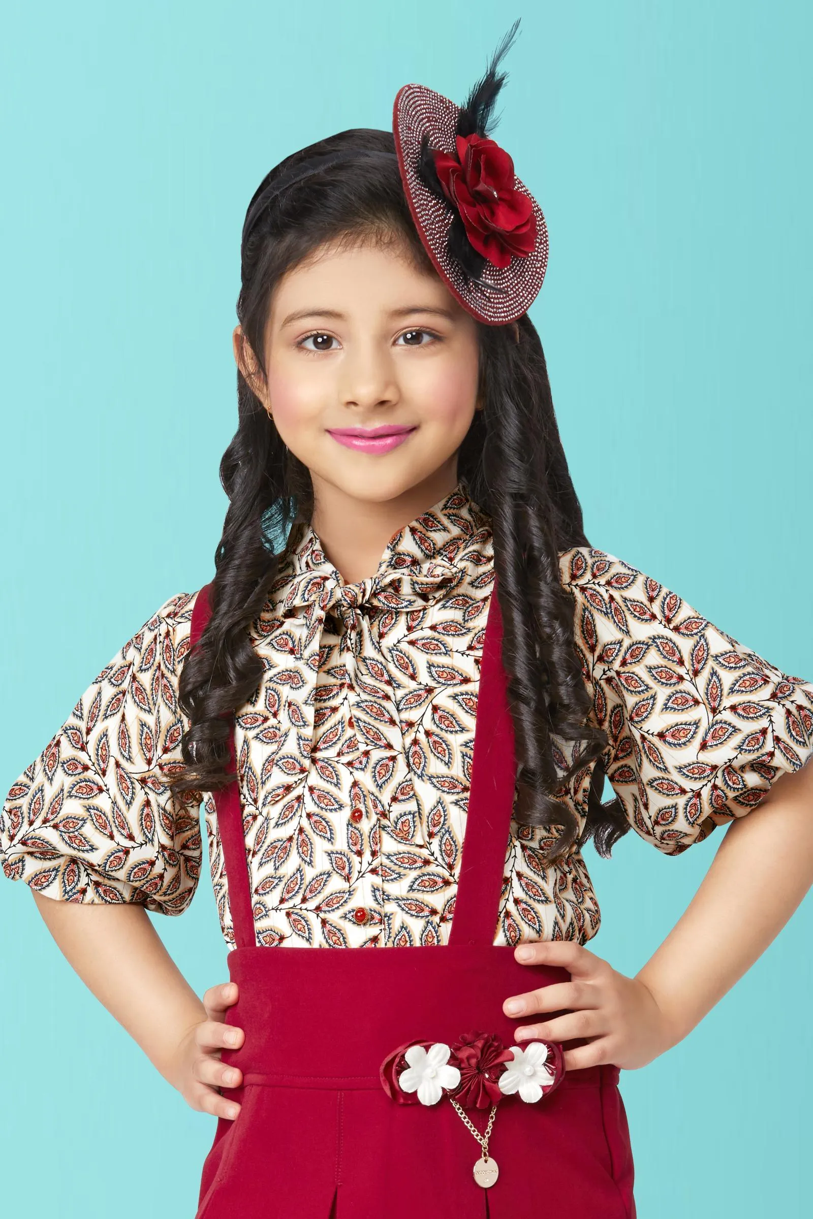 Maroon and Cream Multicolor Print Top with Suspenders Skirt for Girls