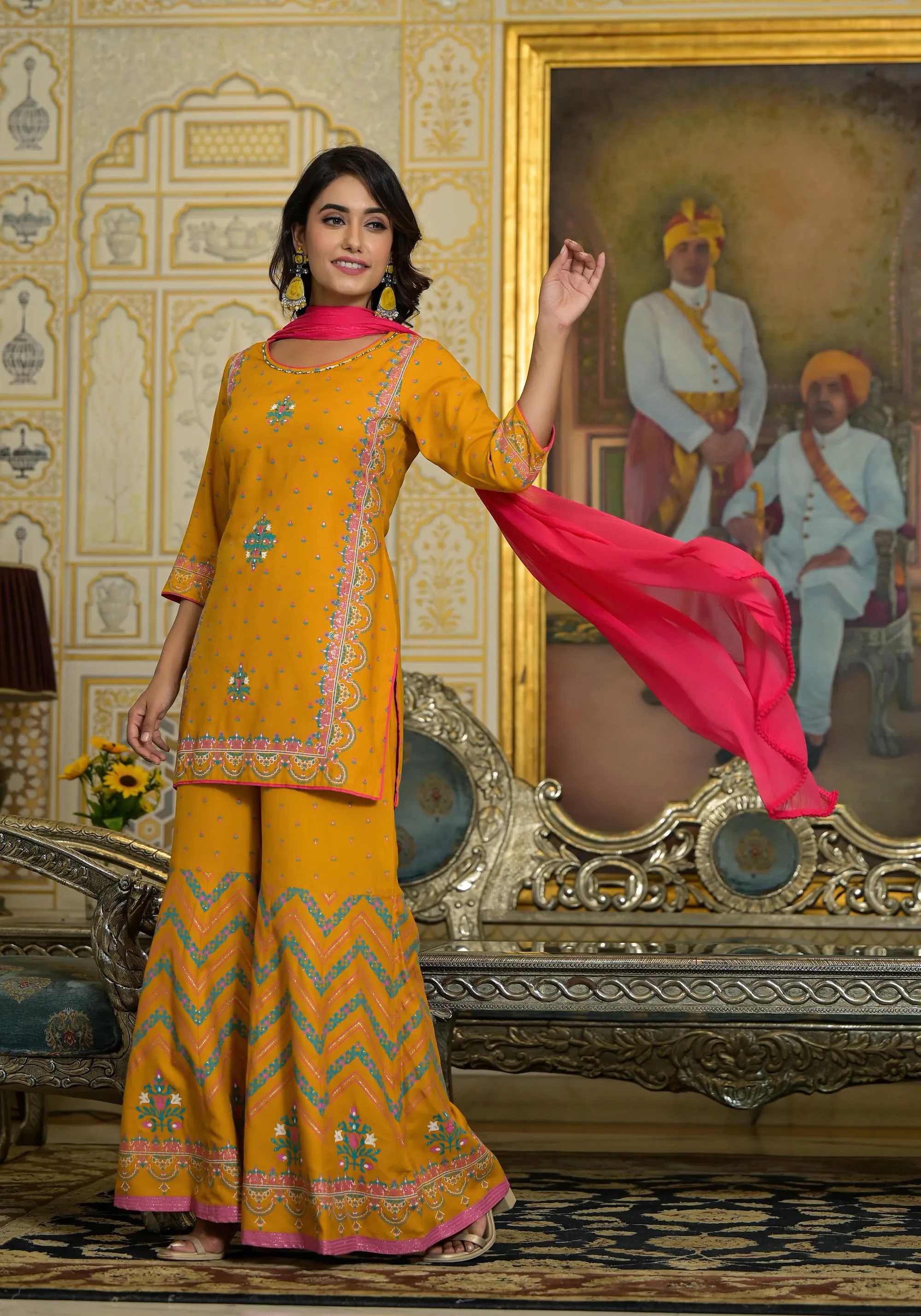 Mustard Ethnic Motif Printed Liva Rayon Tunic Sharara And Dupatta Set With Sequins  & Gota Patti Work