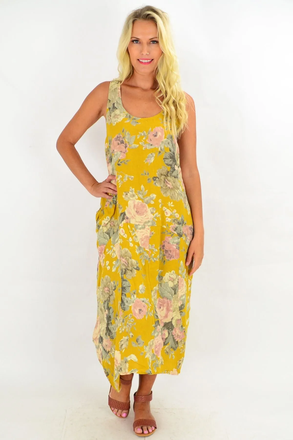 Mustard Vintage Floral Bouquet Linen Tunic Dress