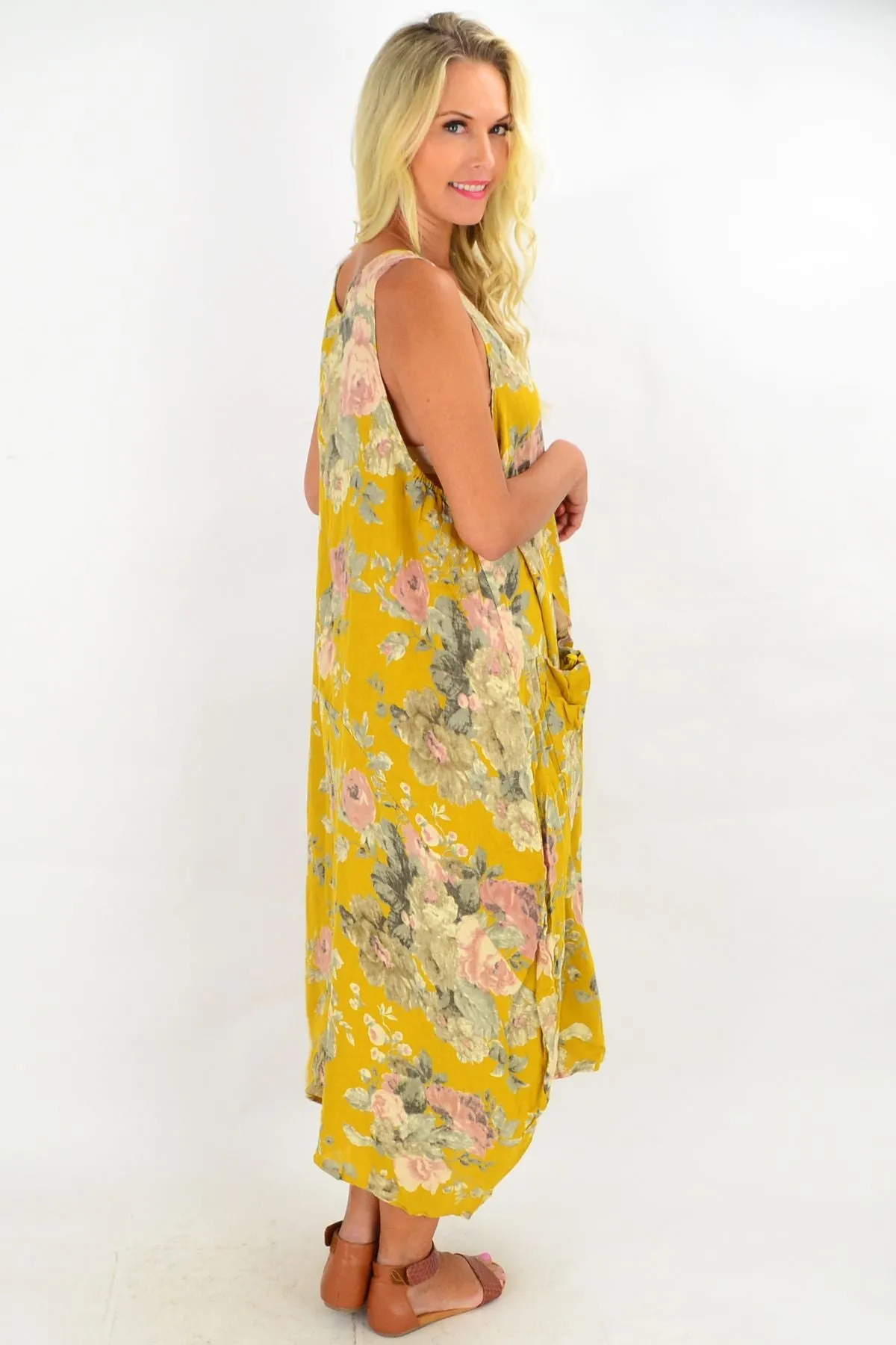 Mustard Vintage Floral Bouquet Linen Tunic Dress