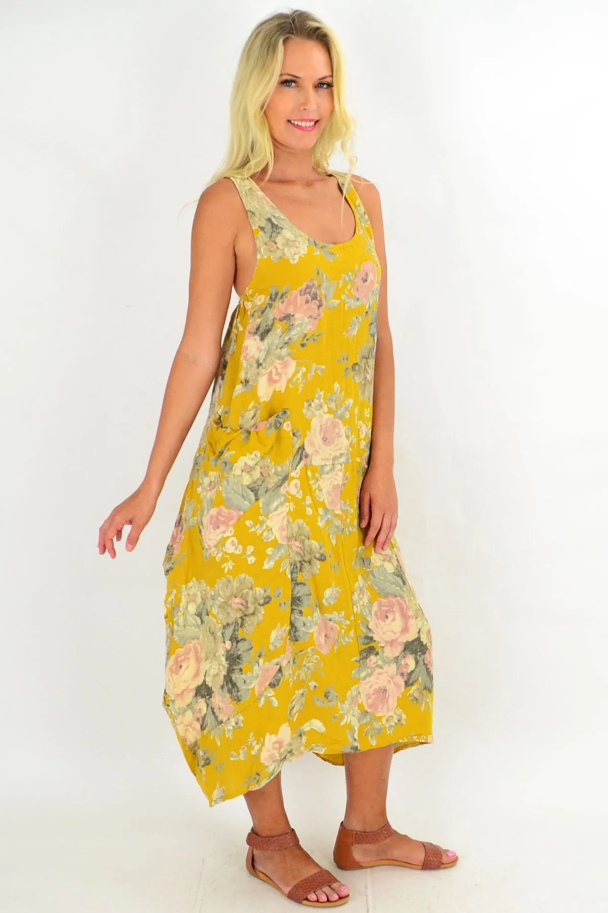 Mustard Vintage Floral Bouquet Linen Tunic Dress