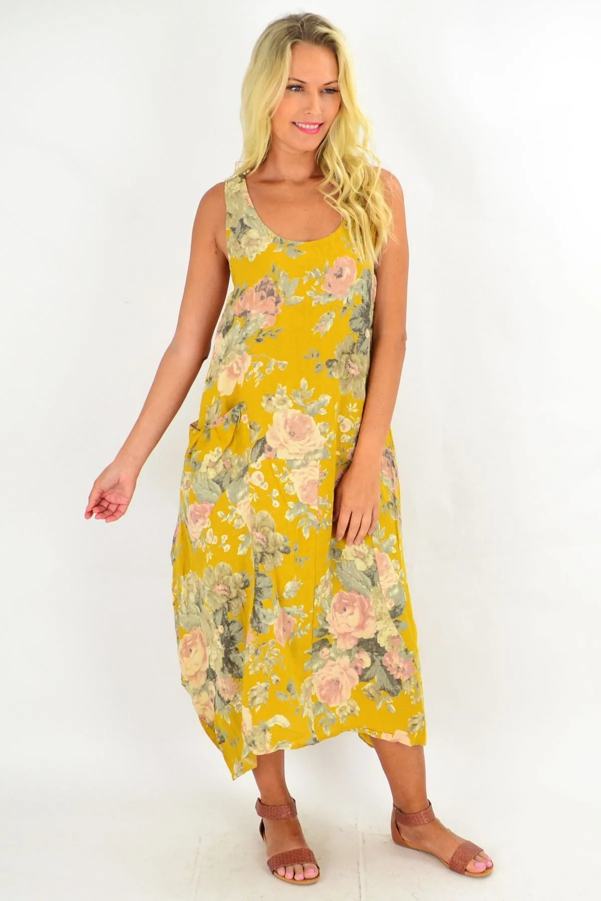 Mustard Vintage Floral Bouquet Linen Tunic Dress