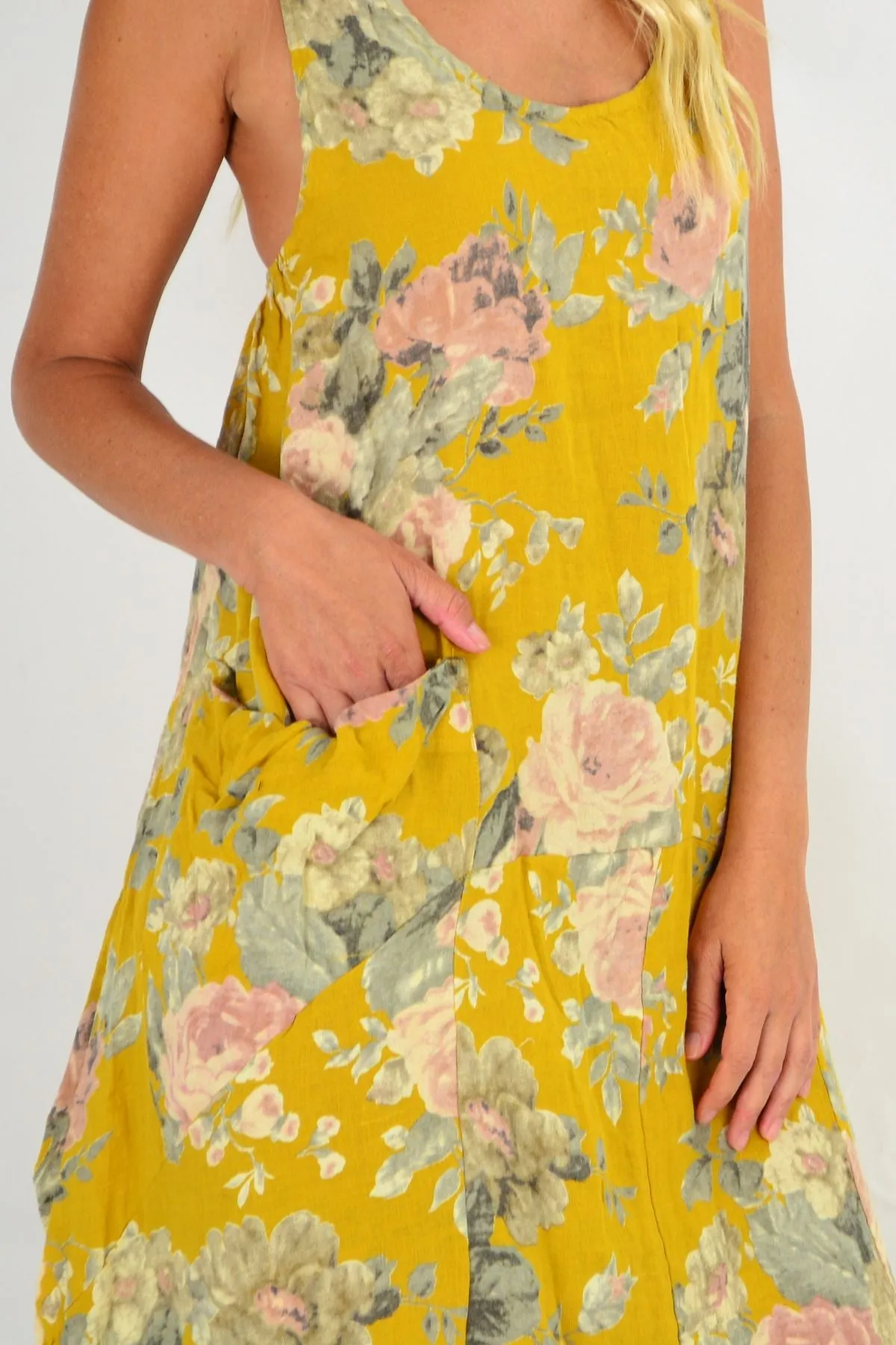 Mustard Vintage Floral Bouquet Linen Tunic Dress