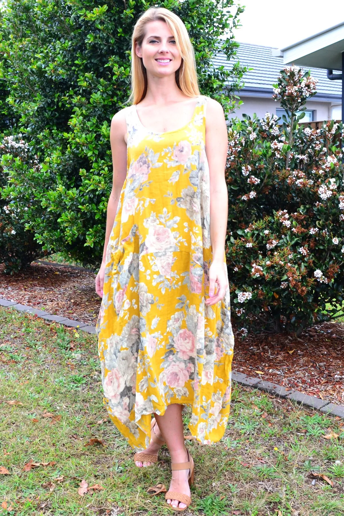 Mustard Vintage Floral Bouquet Linen Tunic Dress
