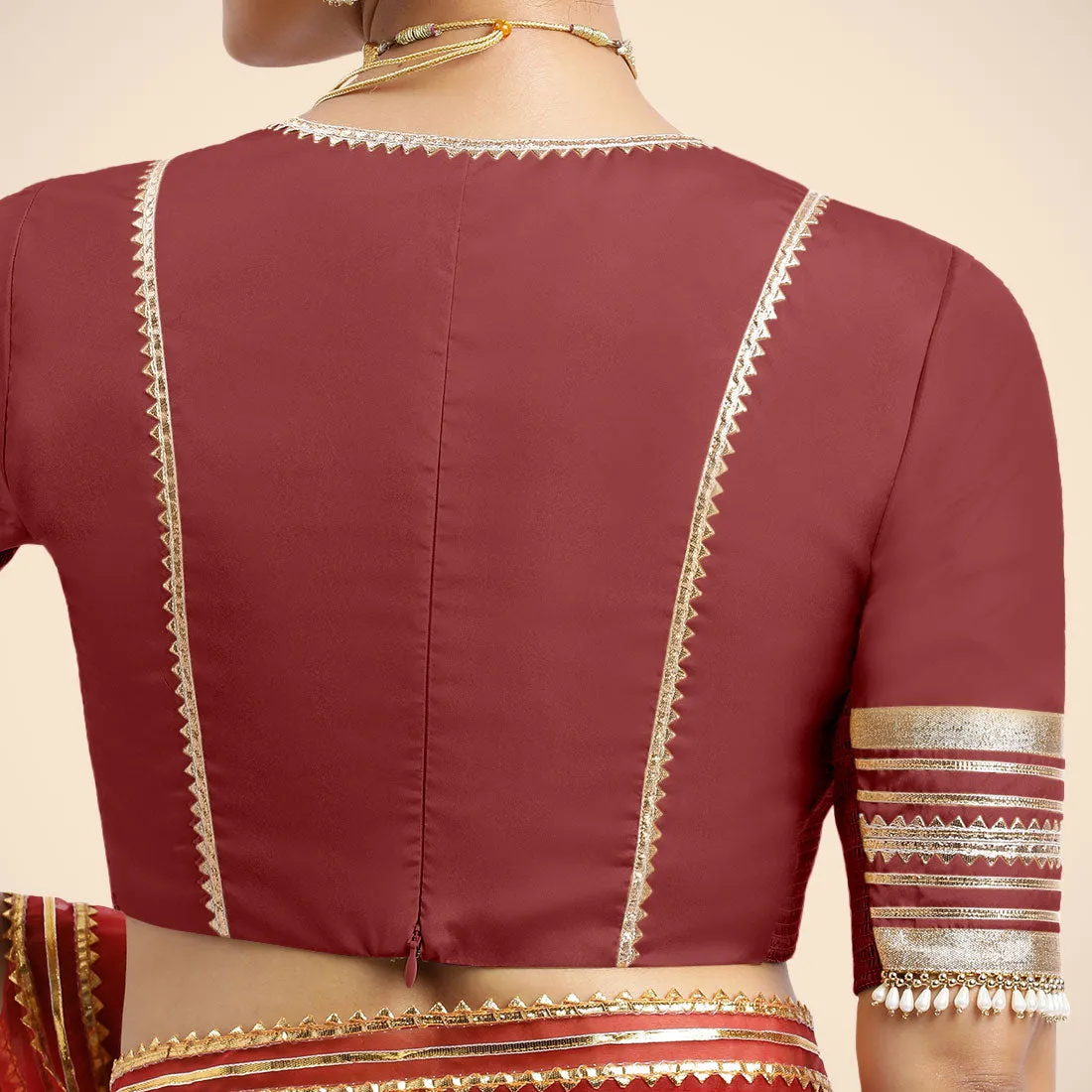 Nafeeza x Tyohaar | Auburn Red Embellished Elbow Sleeves FlexiFit™ Saree Blouse with Plunging V Neckline with Tasteful Golden Gota Lace