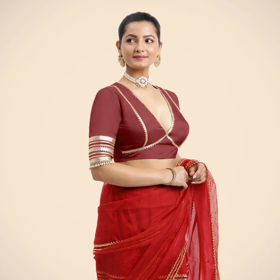 Nafeeza x Tyohaar | Auburn Red Embellished Elbow Sleeves FlexiFit™ Saree Blouse with Plunging V Neckline with Tasteful Golden Gota Lace