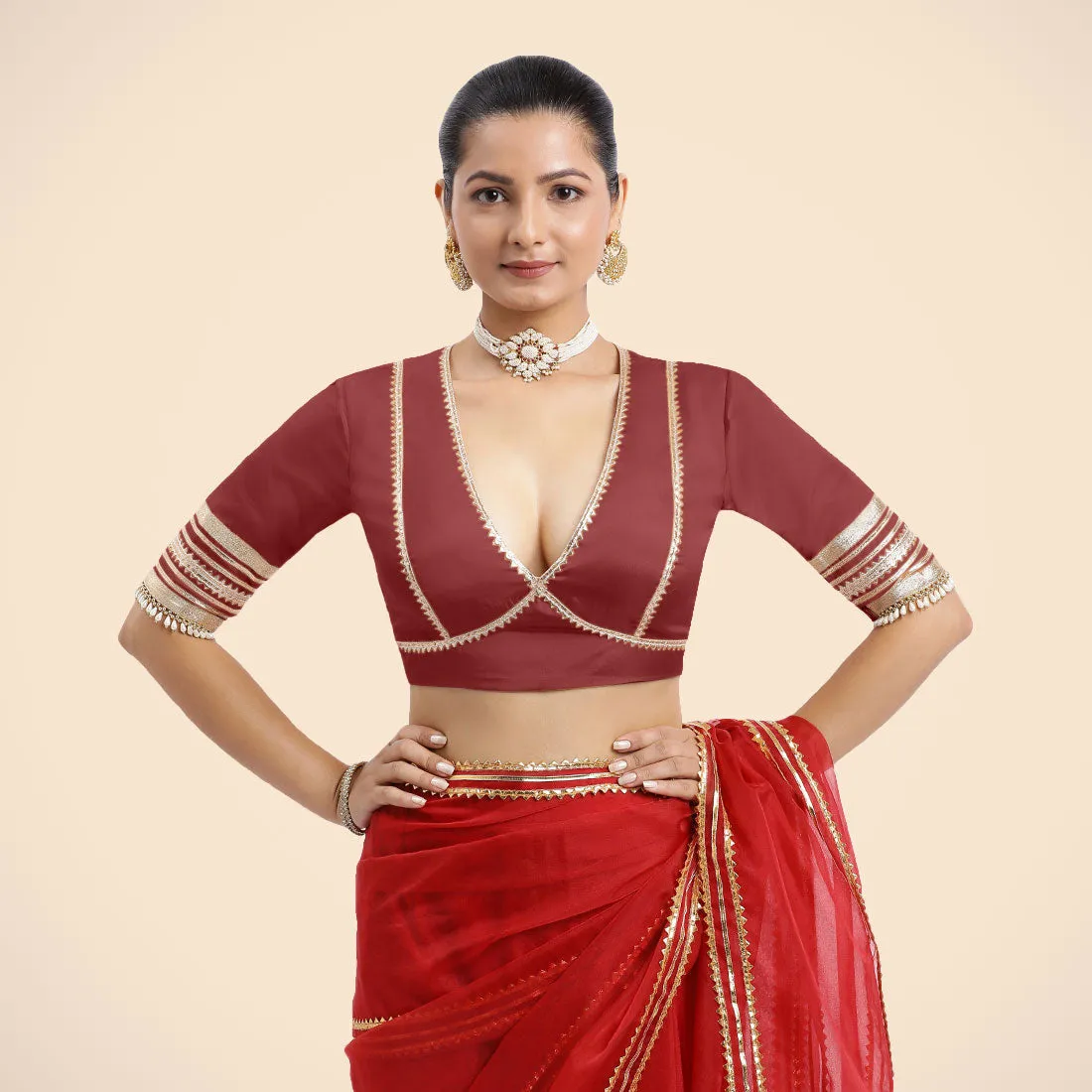 Nafeeza x Tyohaar | Auburn Red Embellished Elbow Sleeves FlexiFit™ Saree Blouse with Plunging V Neckline with Tasteful Golden Gota Lace