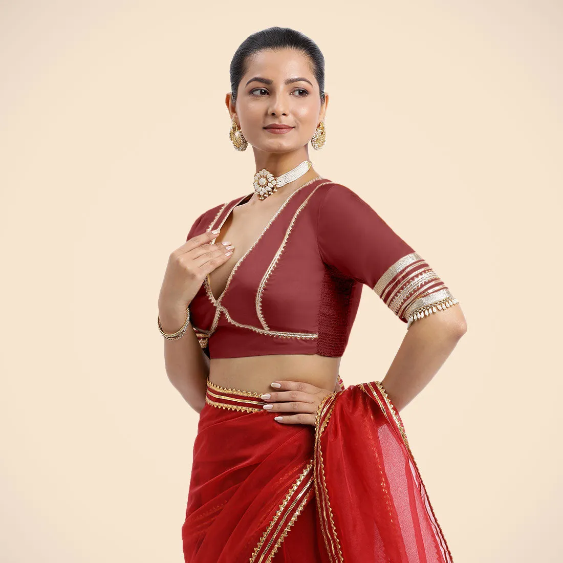Nafeeza x Tyohaar | Auburn Red Embellished Elbow Sleeves FlexiFit™ Saree Blouse with Plunging V Neckline with Tasteful Golden Gota Lace
