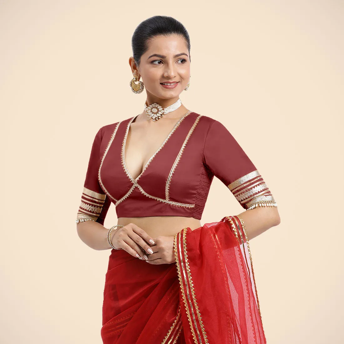 Nafeeza x Tyohaar | Auburn Red Embellished Elbow Sleeves FlexiFit™ Saree Blouse with Plunging V Neckline with Tasteful Golden Gota Lace