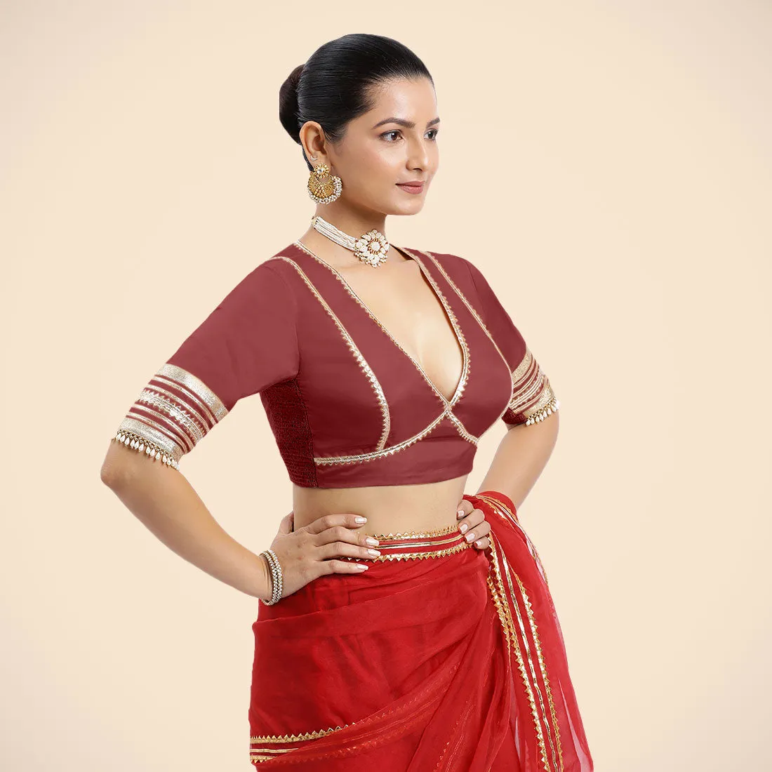 Nafeeza x Tyohaar | Auburn Red Embellished Elbow Sleeves FlexiFit™ Saree Blouse with Plunging V Neckline with Tasteful Golden Gota Lace