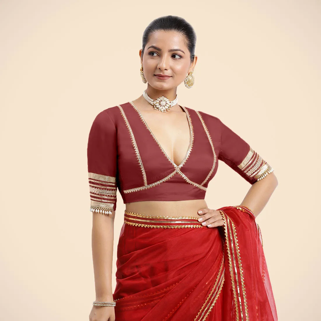 Nafeeza x Tyohaar | Auburn Red Embellished Elbow Sleeves FlexiFit™ Saree Blouse with Plunging V Neckline with Tasteful Golden Gota Lace