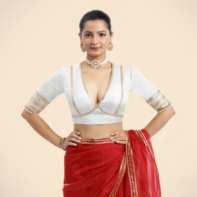 Nafeeza x Tyohaar | Pearl White Embellished Elbow Sleeves FlexiFit™ Saree Blouse with Plunging V Neckline with Tasteful Golden Gota Lace