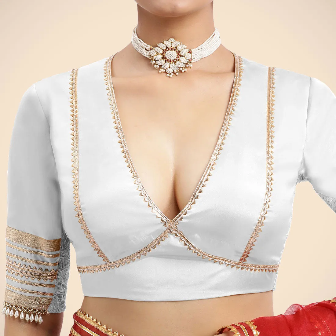 Nafeeza x Tyohaar | Pearl White Embellished Elbow Sleeves FlexiFit™ Saree Blouse with Plunging V Neckline with Tasteful Golden Gota Lace