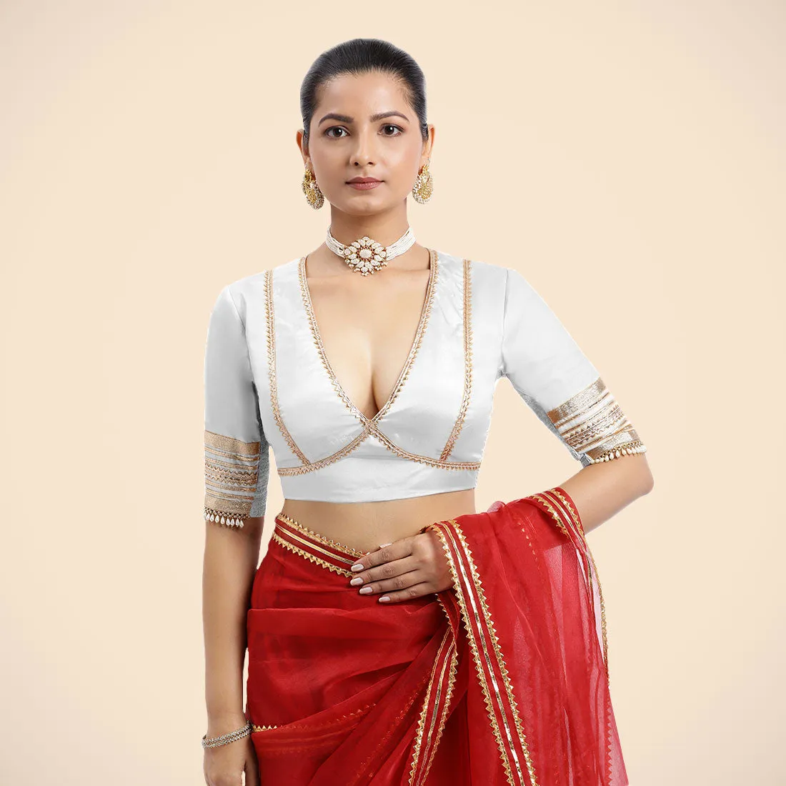 Nafeeza x Tyohaar | Pearl White Embellished Elbow Sleeves FlexiFit™ Saree Blouse with Plunging V Neckline with Tasteful Golden Gota Lace