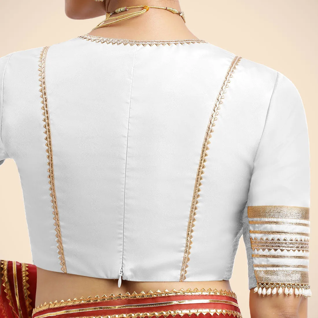 Nafeeza x Tyohaar | Pearl White Embellished Elbow Sleeves FlexiFit™ Saree Blouse with Plunging V Neckline with Tasteful Golden Gota Lace
