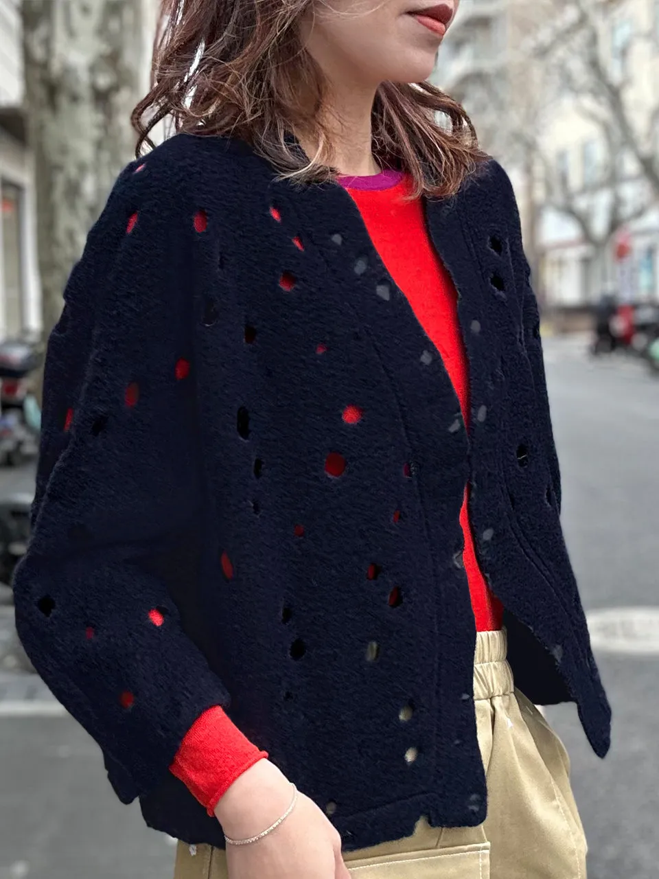 Navy Polka-Dot Felted Open Front Woollen Crop Jacket