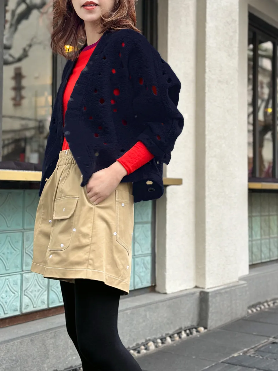 Navy Polka-Dot Felted Open Front Woollen Crop Jacket
