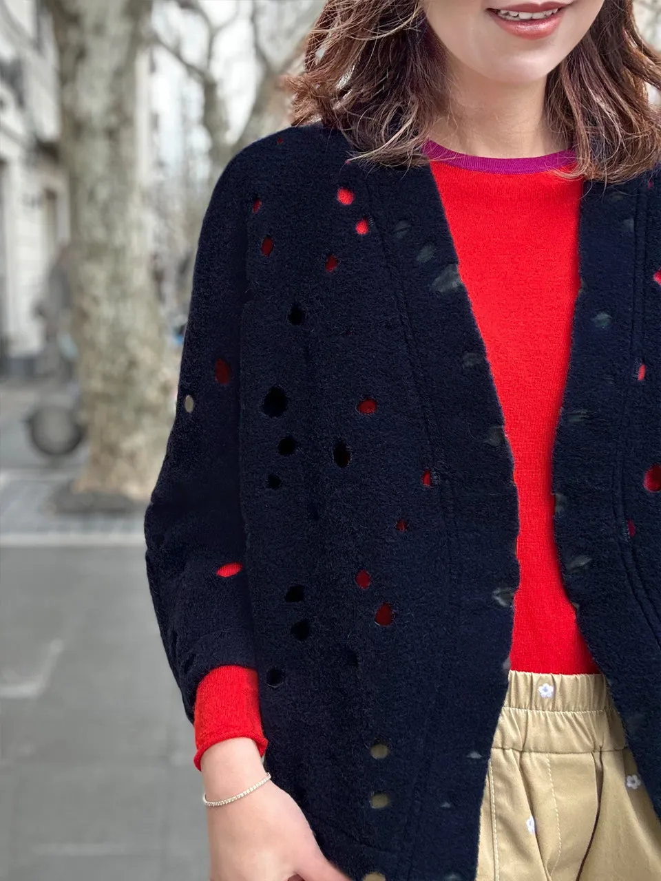 Navy Polka-Dot Felted Open Front Woollen Crop Jacket