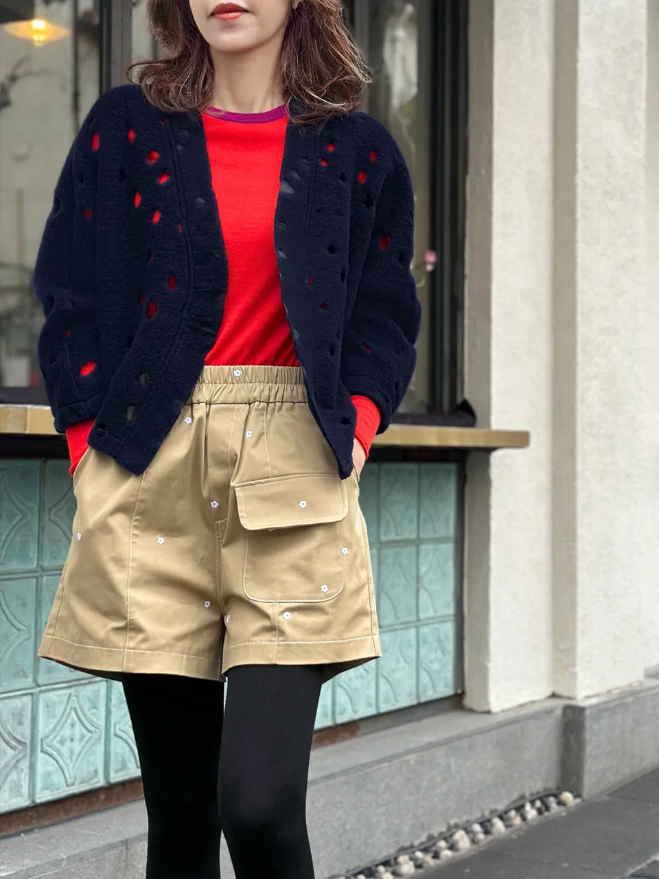Navy Polka-Dot Felted Open Front Woollen Crop Jacket