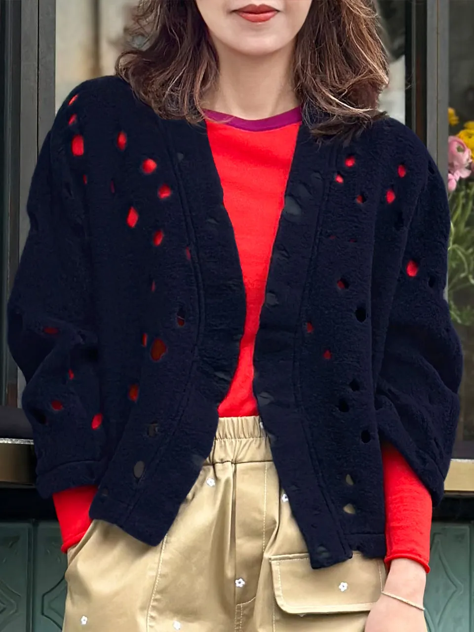 Navy Polka-Dot Felted Open Front Woollen Crop Jacket