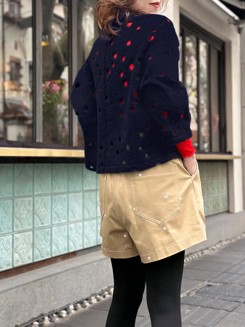 Navy Polka-Dot Felted Open Front Woollen Crop Jacket
