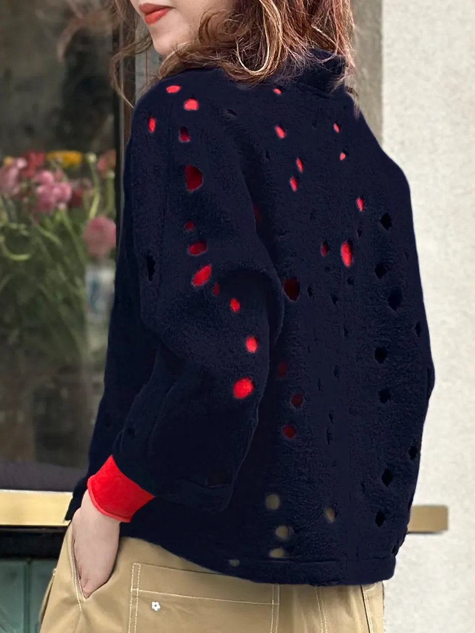 Navy Polka-Dot Felted Open Front Woollen Crop Jacket