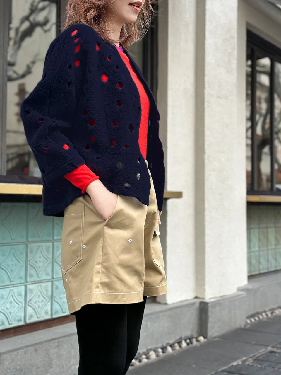 Navy Polka-Dot Felted Open Front Woollen Crop Jacket
