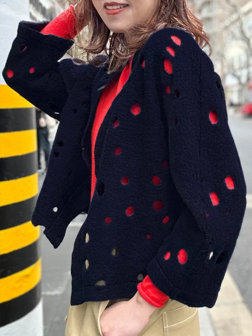 Navy Polka-Dot Felted Open Front Woollen Crop Jacket