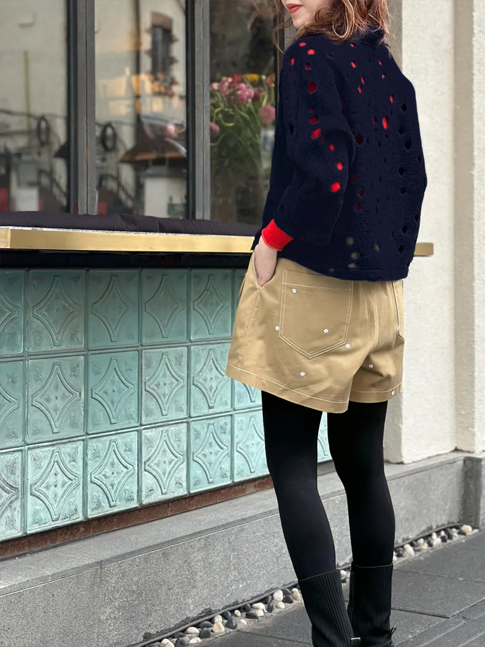 Navy Polka-Dot Felted Open Front Woollen Crop Jacket