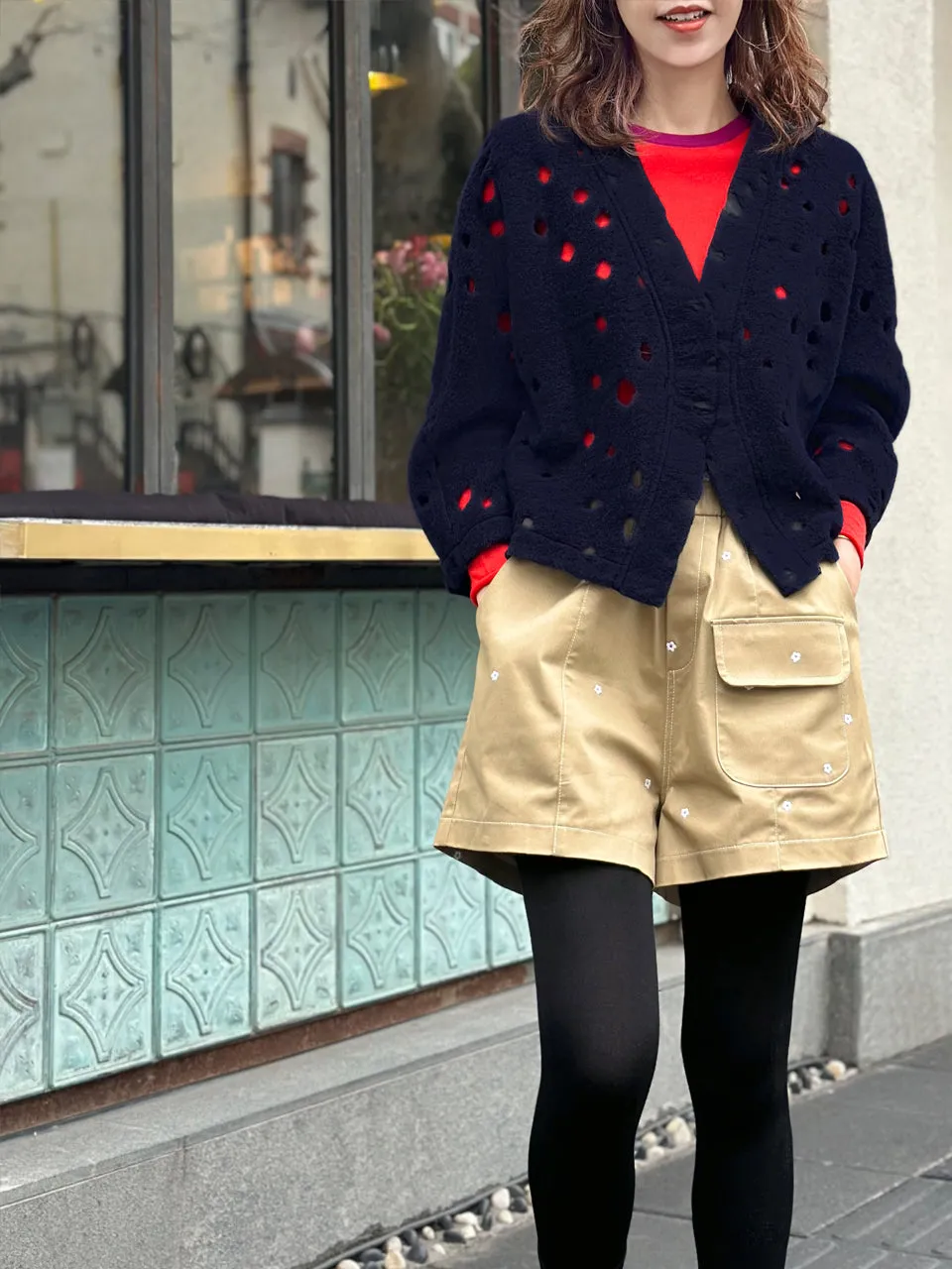Navy Polka-Dot Felted Open Front Woollen Crop Jacket