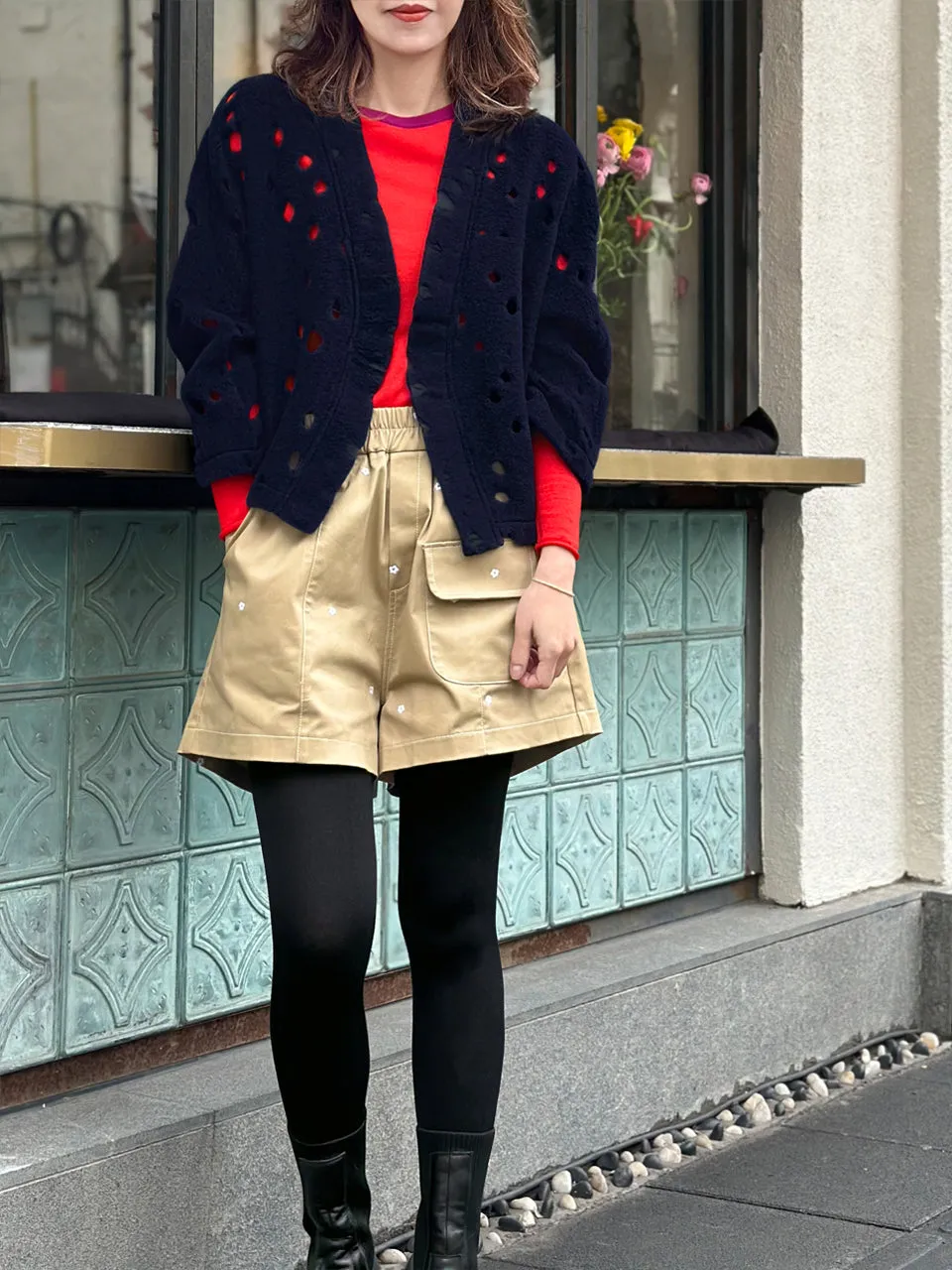 Navy Polka-Dot Felted Open Front Woollen Crop Jacket