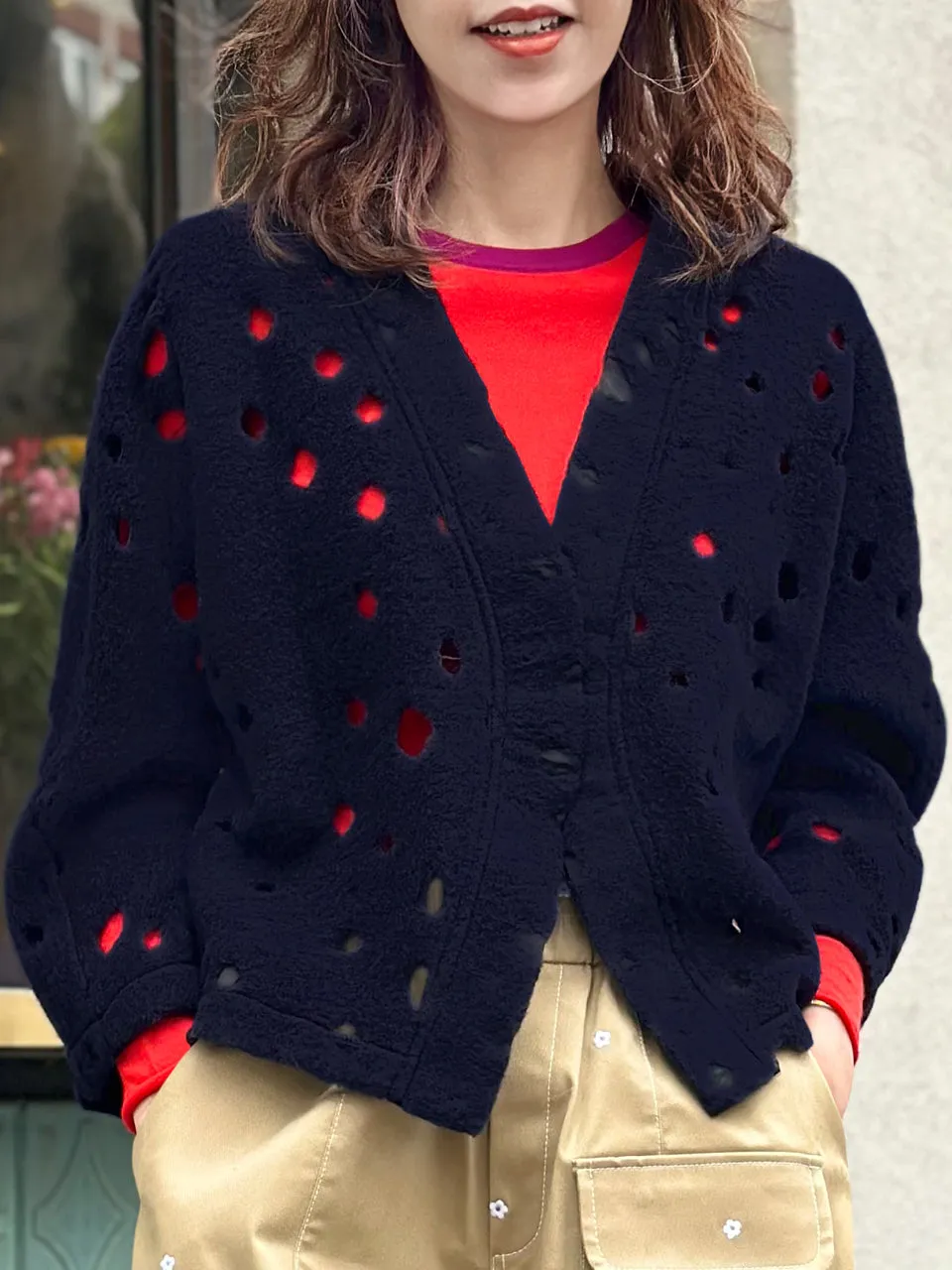 Navy Polka-Dot Felted Open Front Woollen Crop Jacket