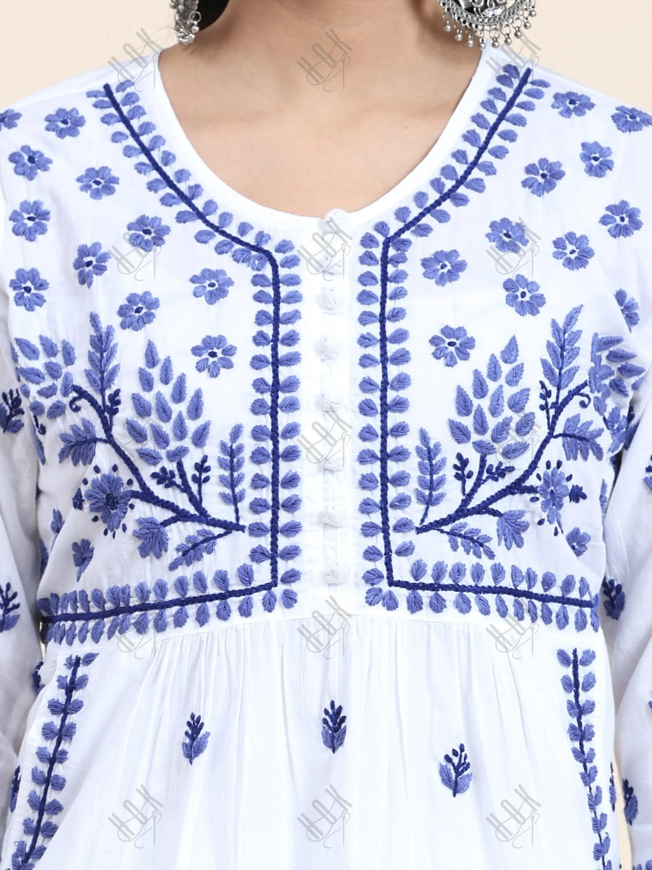 NOOR Chikankari Kurta With Pocket - White With Blue