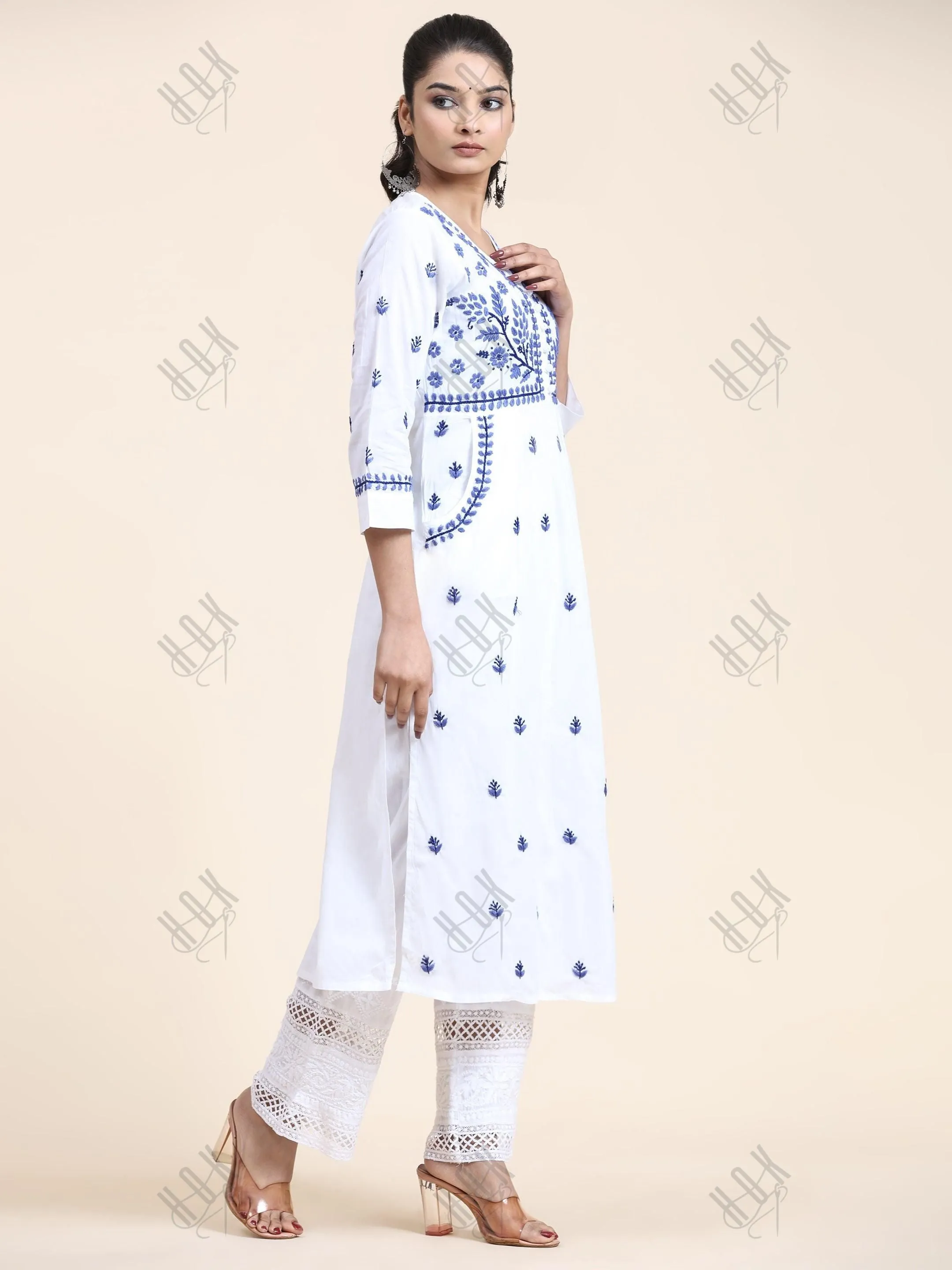 NOOR Chikankari Kurta With Pocket - White With Blue