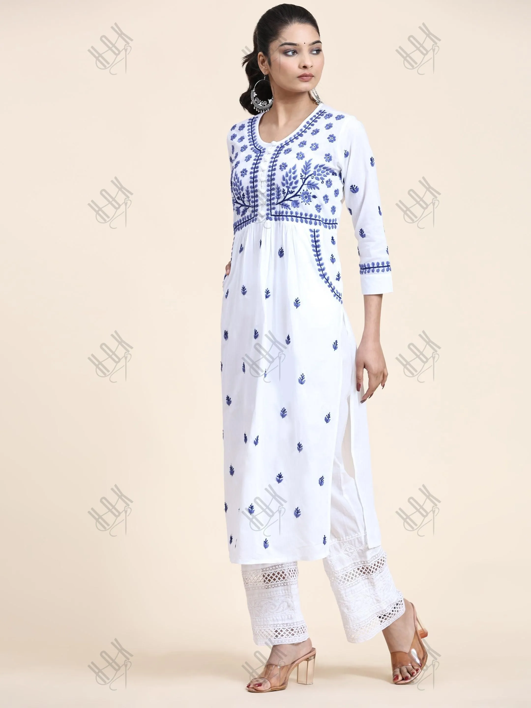 NOOR Chikankari Kurta With Pocket - White With Blue