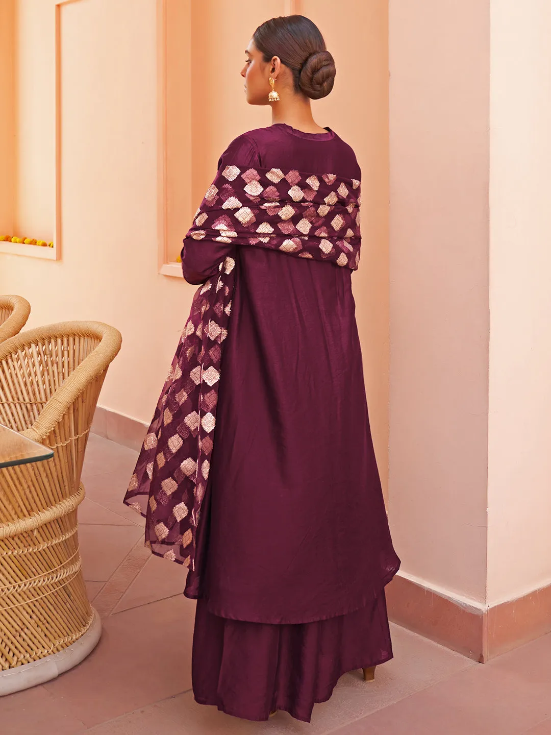 Purple Chanderi Embellished Kurta with Palazzo and Dupatta
