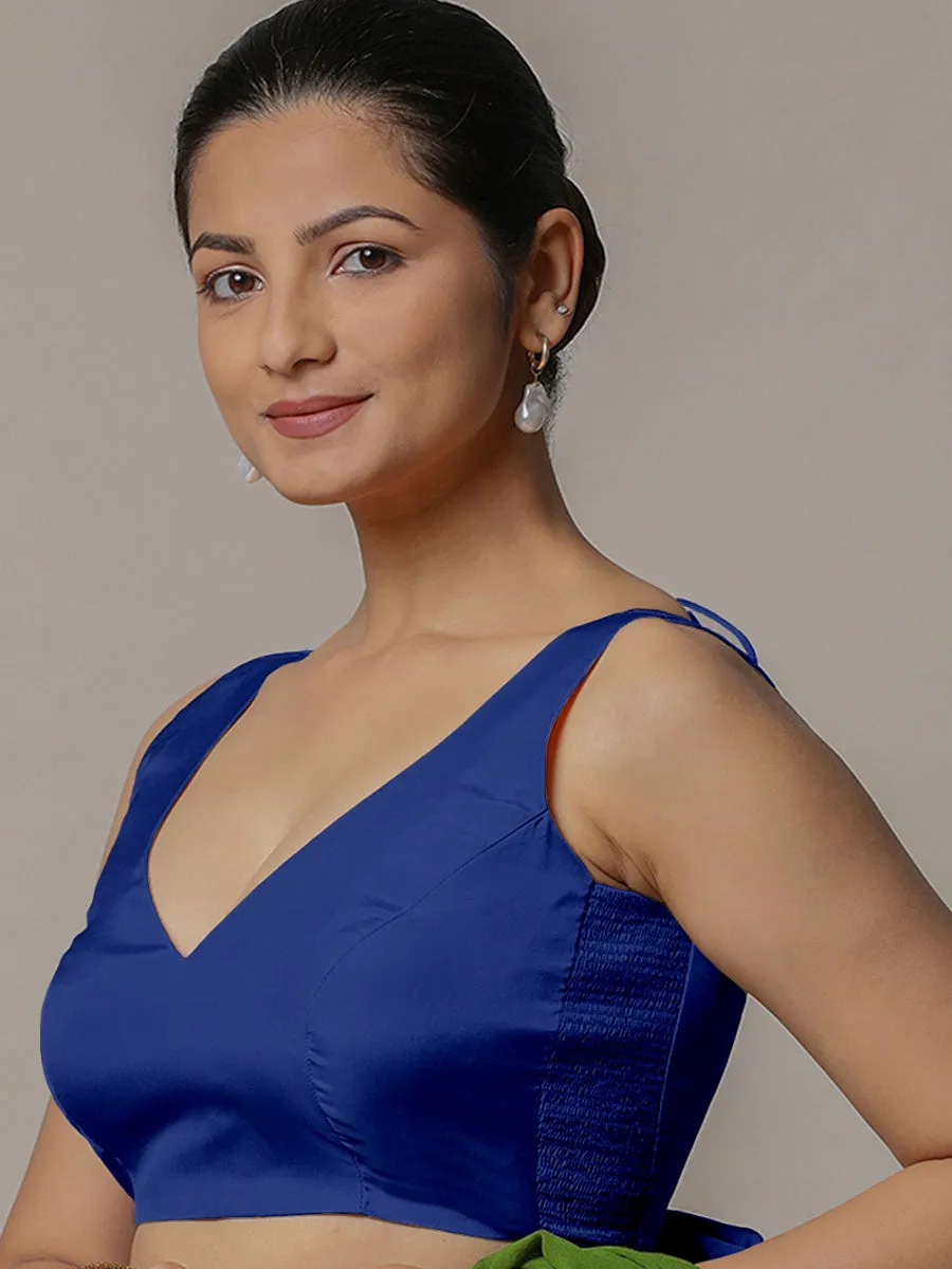 Raisa x Rozaana | Cobalt Blue Sleeveless FlexiFit™ Saree Blouse with Simple V Neckline and Back Cut-out with Tie-Up
