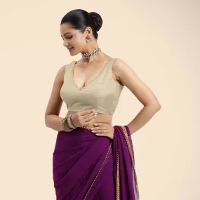 Raisa x Tyohaar | Cream Sleeveless FlexiFit™ Saree Blouse with V Neckline with Golden Gota Lace Embellishment and Back Cut-out with Tie-Up