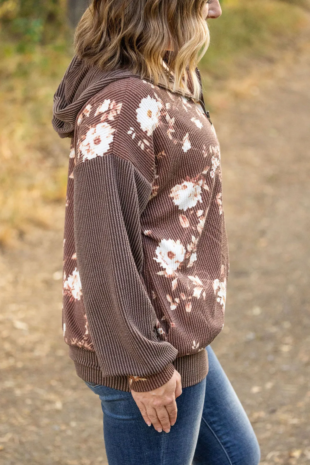Ramona Ribbed Floral Zip Up - Brown